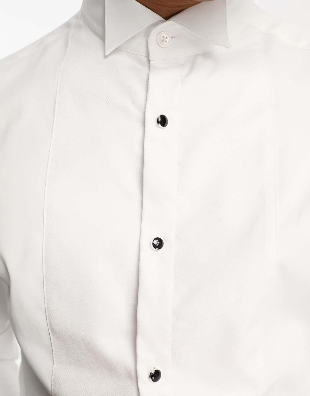ASOS DESIGN easy iron slim sateen formal dress shirt with bib in white Product Image