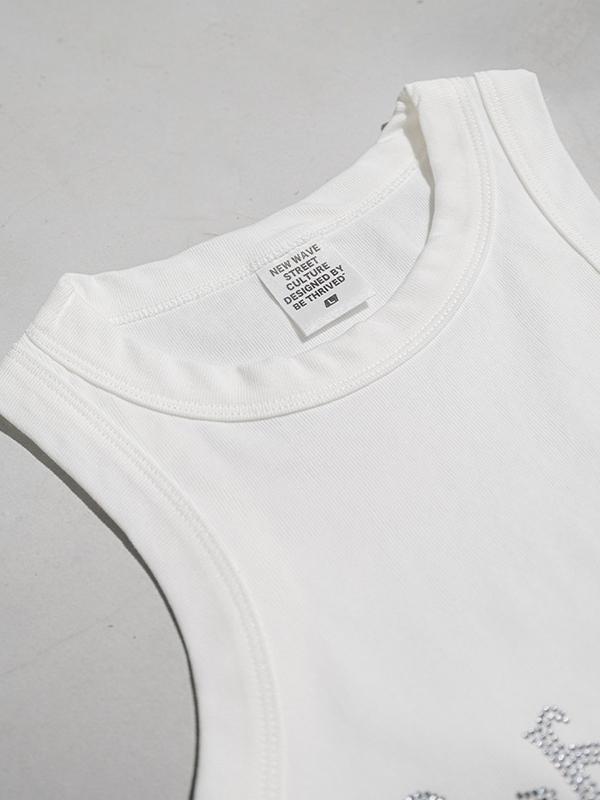 Washed Hot Diamond Printed White Tank Top Product Image