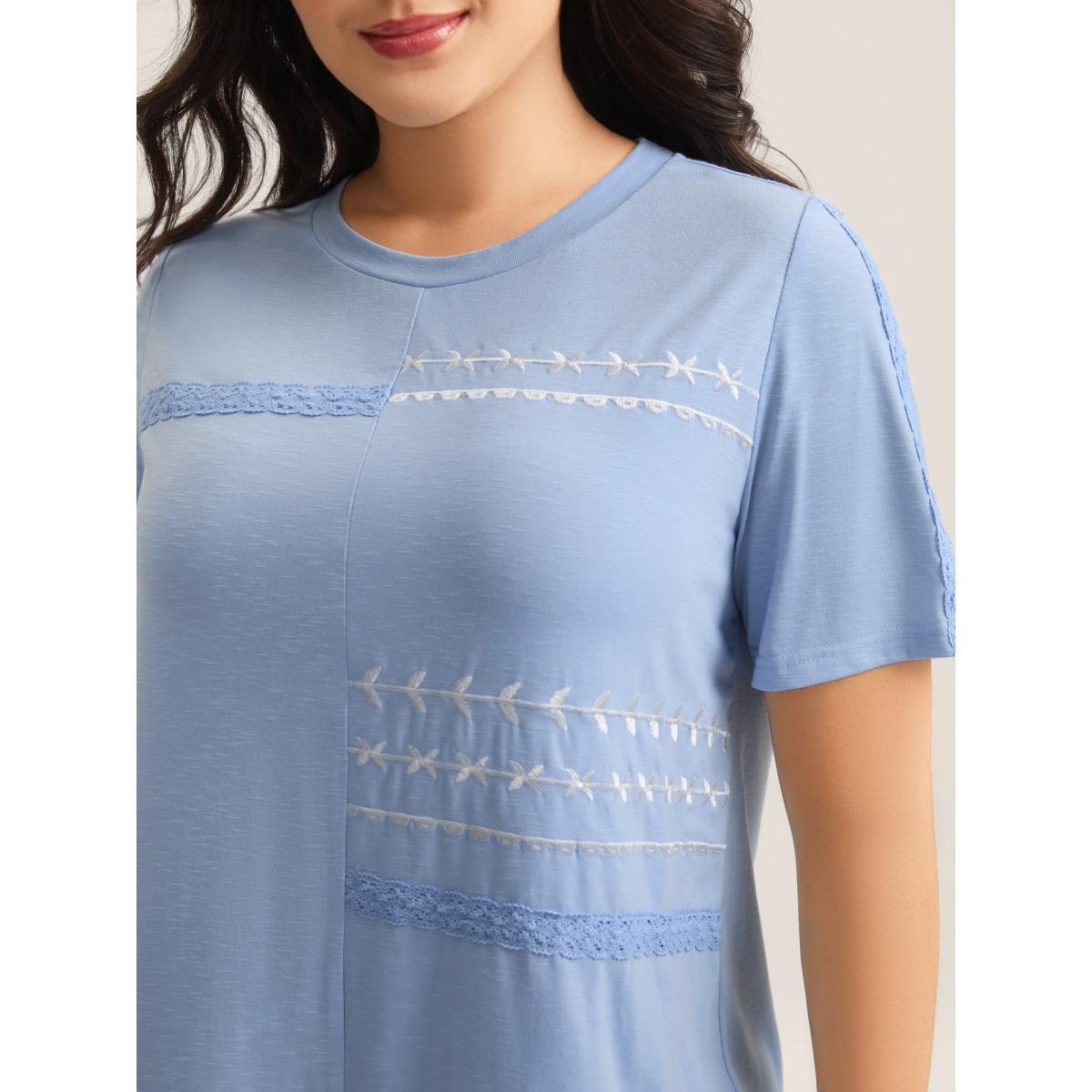 Plus Size Embroidered Lace Spliced Solid T-Shirt LightBlue Women Woven ribbon&lace trim Round Neck Everyday-Casual T-shirts BloomChic 10/M Product Image