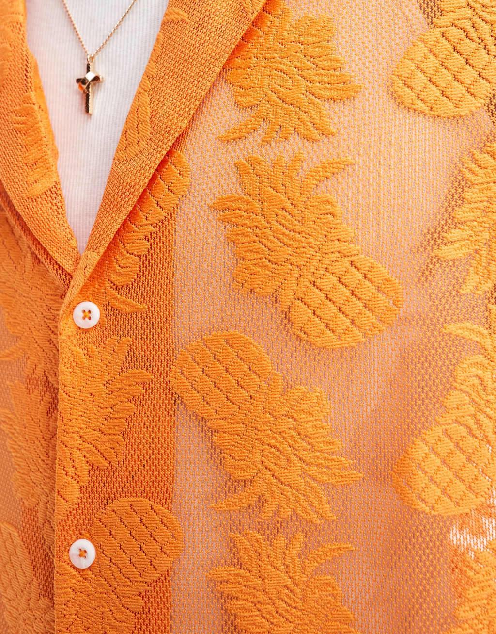 ASOS DESIGN short sleeve deep revere collar pineapple lace shirt in orange Product Image