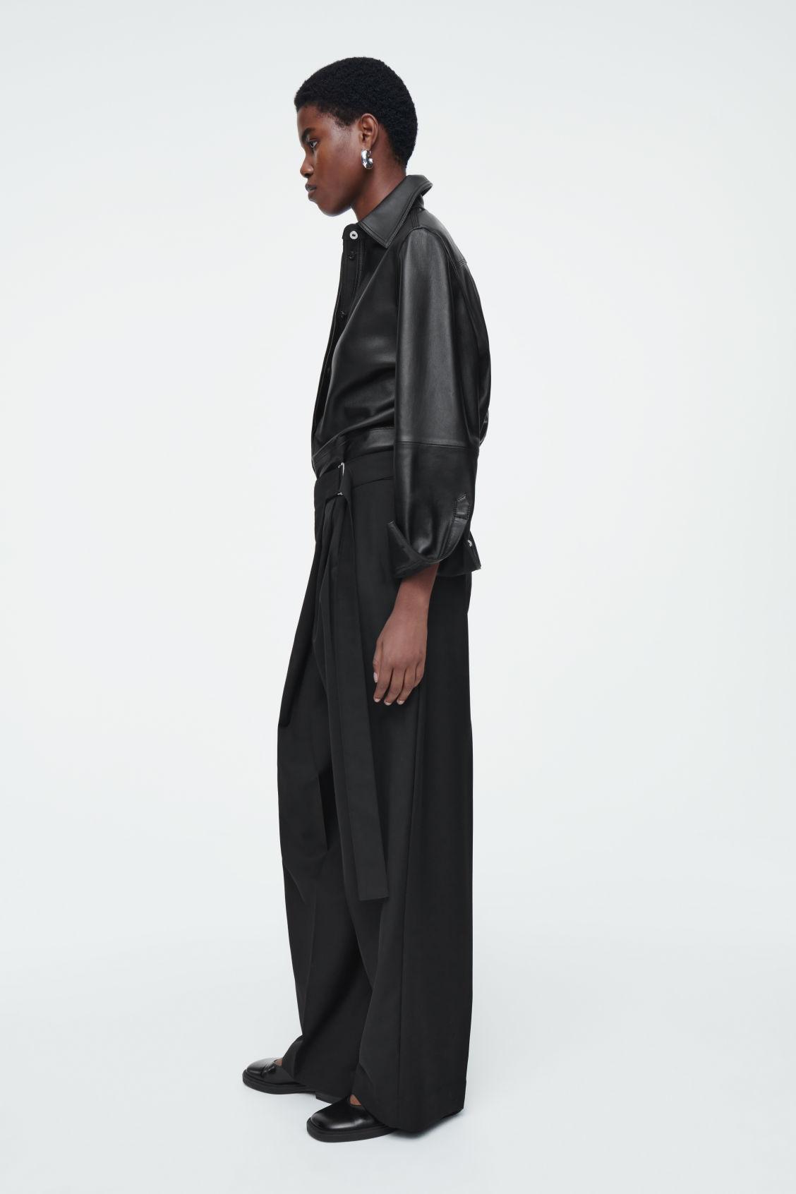 RELAXED BELTED WRAP-FRONT WOOL PANTS Product Image