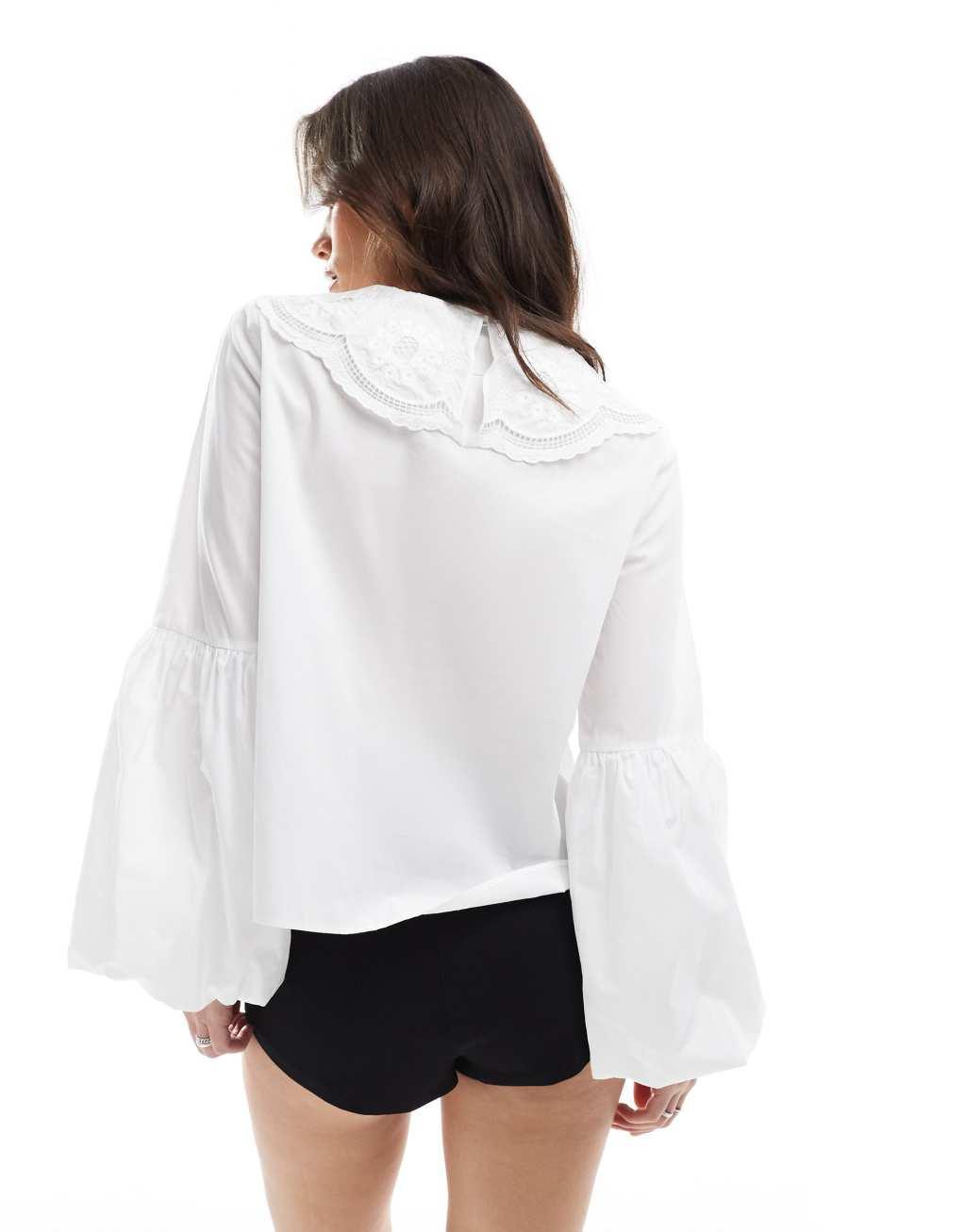 Miss Selfridge Wide collar lace trim poplin oversized shirt Product Image
