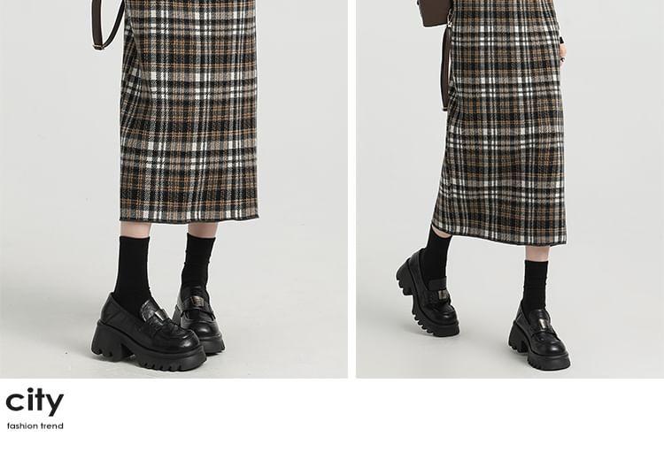 High Rise Plaid Midi Pencil Skirt Product Image