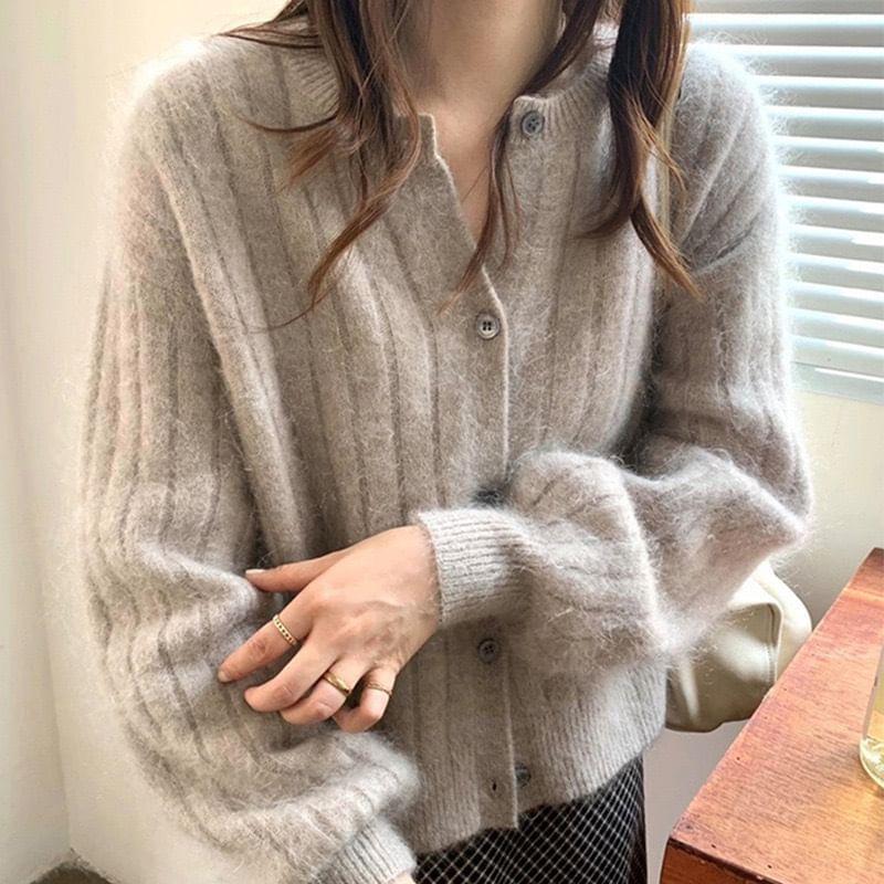 Puff-Sleeve Plain Ribbed Cardigan Product Image