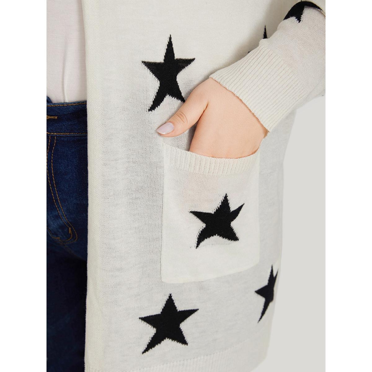 Plus Size Supersoft Essentials Star Print Pocket Open Front Cardigan Beige Women Casual Loose Long Sleeve Dailywear Cardigans BloomChic 26/4X Product Image