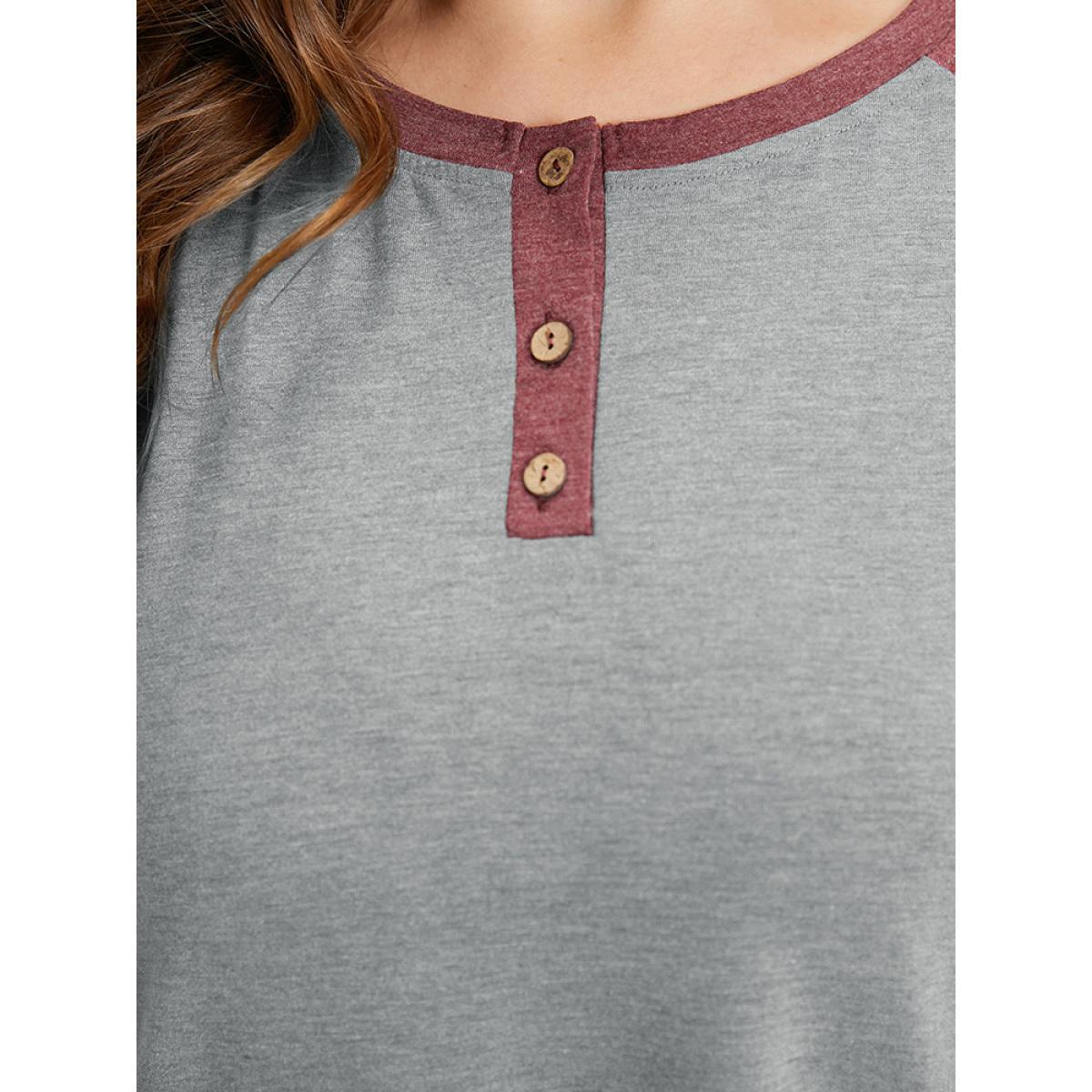 Plus Size Two Tone Button Up Raglan Sleeve T-shirt Gray Women Casual Contrast Plain Round Neck Dailywear T-shirts BloomChic 18-20/2X Product Image