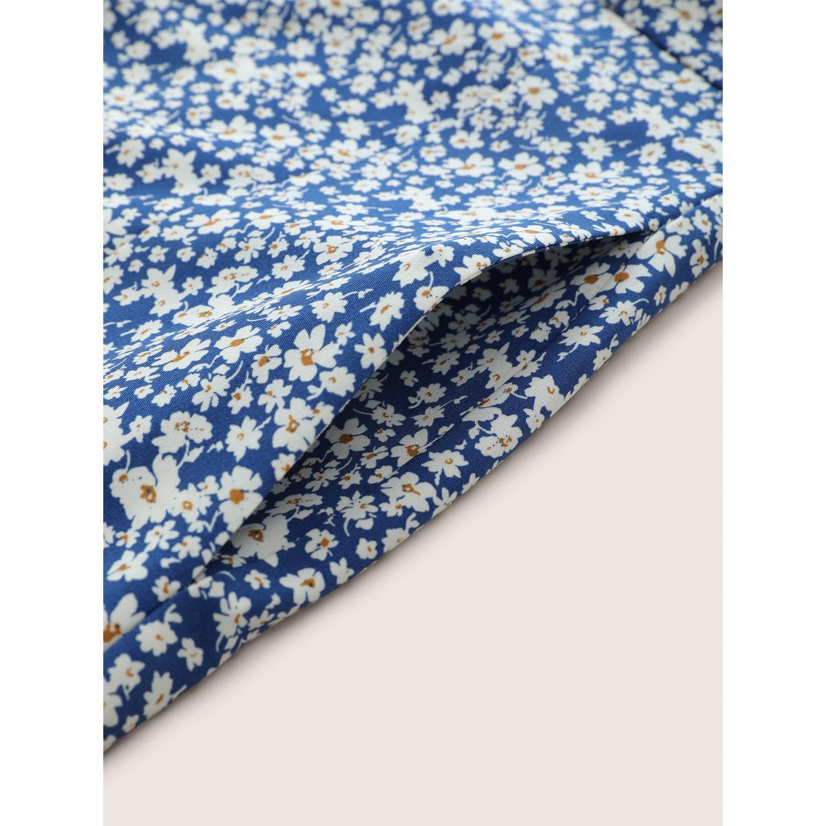 Plus Size Ditsy Floral One Shoulder Neck Cross Straps Dress Blue Women Elegant Non One-shoulder neck Short sleeve Curvy Midi Dress BloomChic 18-20/2X Product Image