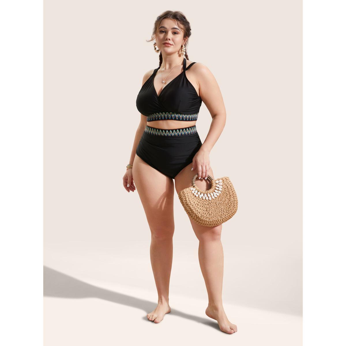 Plus Size Embroidered Elastic Waist High Rise Swim Bottom Women's Swimwear Black Beach Woven ribbon&lace trim High stretch Skinny High Rise Curve Swim Bottoms BloomChic 14-16/1X Product Image