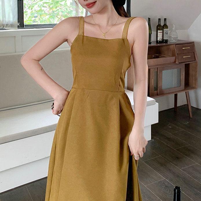 Set: Spaghetti Strap Plain Corduroy Midi A-Line Dress + Round Neck Contrast Trim Button Jacket Product Image