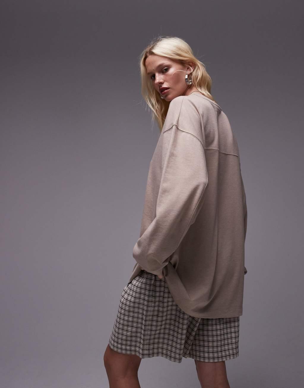 Topshop premium seam detail long sleeve skater tee in oat heather Product Image
