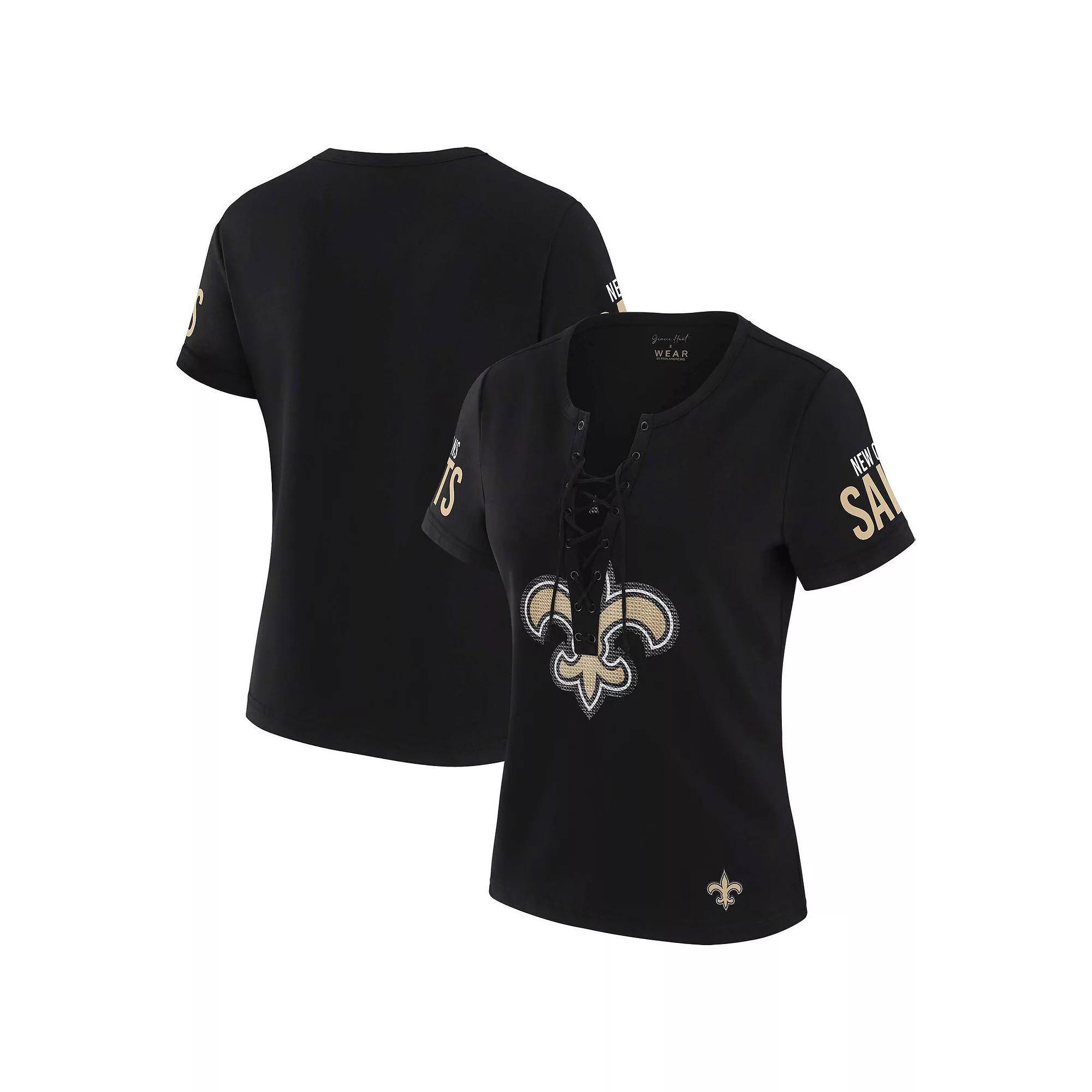 Women's WEAR by Erin Andrews x Gracie Hunt Black New Orleans Saints Draft Me Lace-Up T-Shirt, Size: Medium Product Image