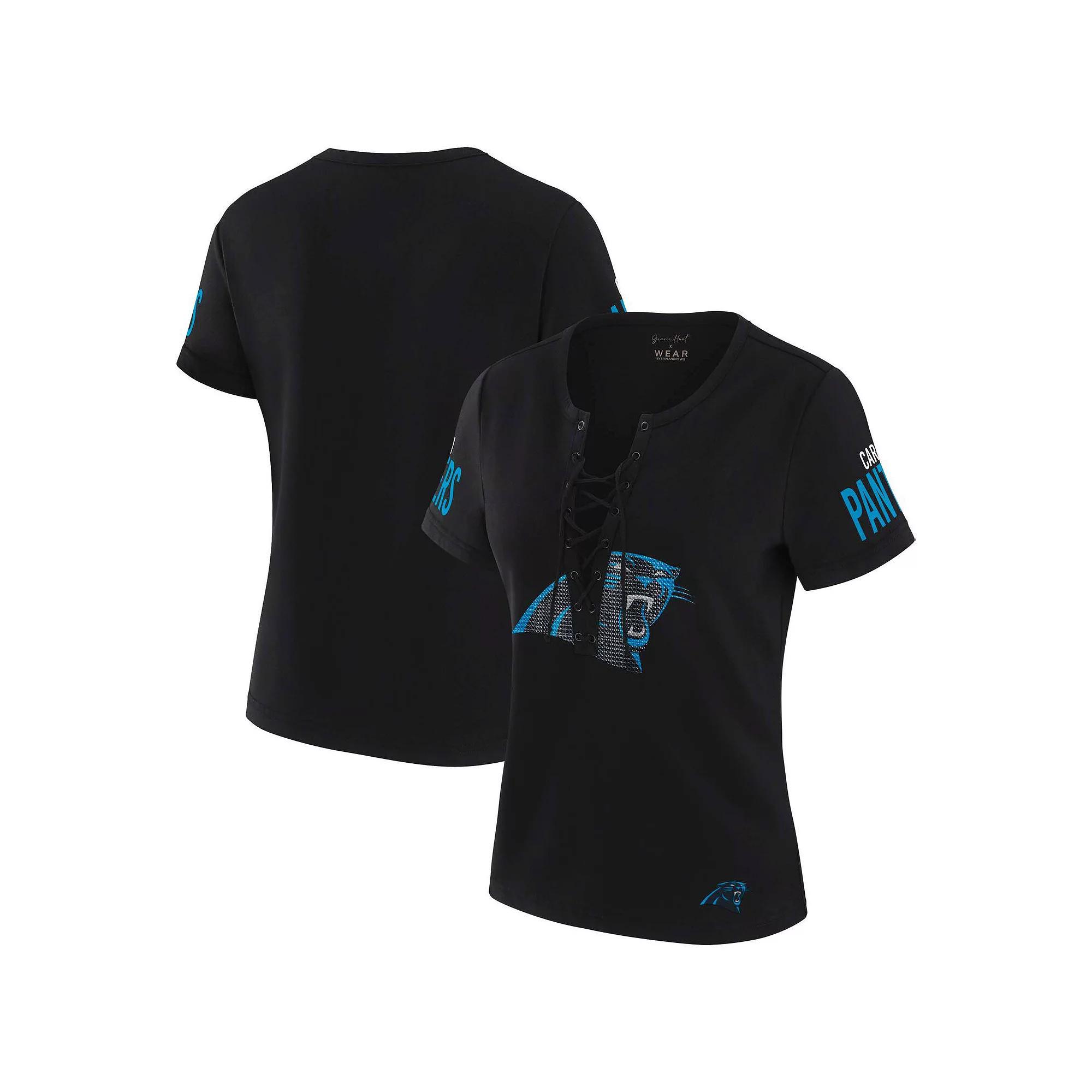 Women's WEAR by Erin Andrews x Gracie Hunt Black Carolina Panthers Draft Me Lace-Up T-Shirt, Size: XL Product Image