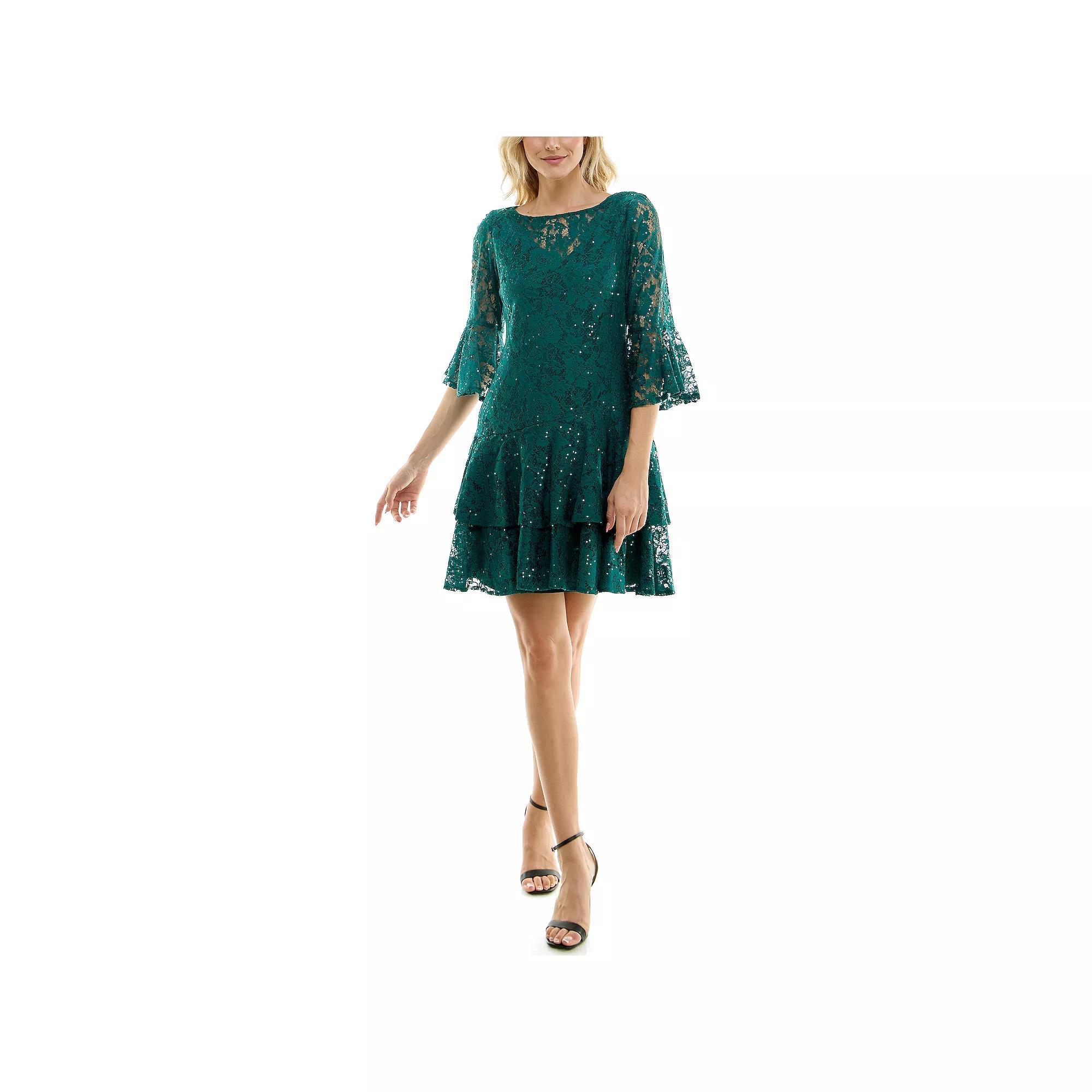 Women's Gabby Skye All Over Lace Bell Sleeve Mini Dress, Size: 4, Hunter Product Image