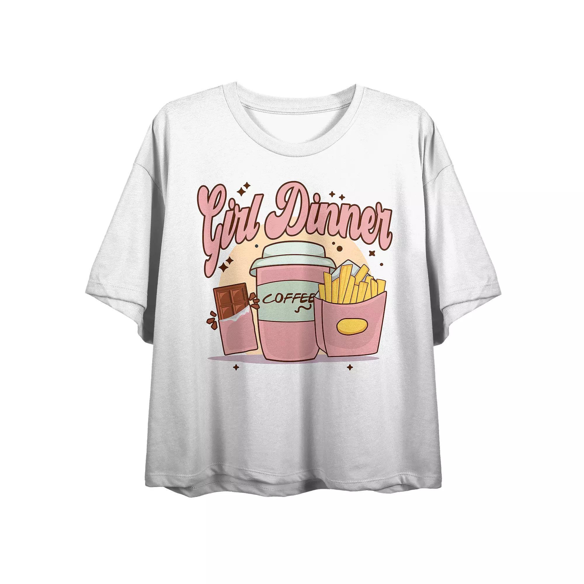 Juniors' Girl Dinner Chocolate & Coffee Boxy Crewneck Graphic Tee, Girl's, Size: Large, White Product Image