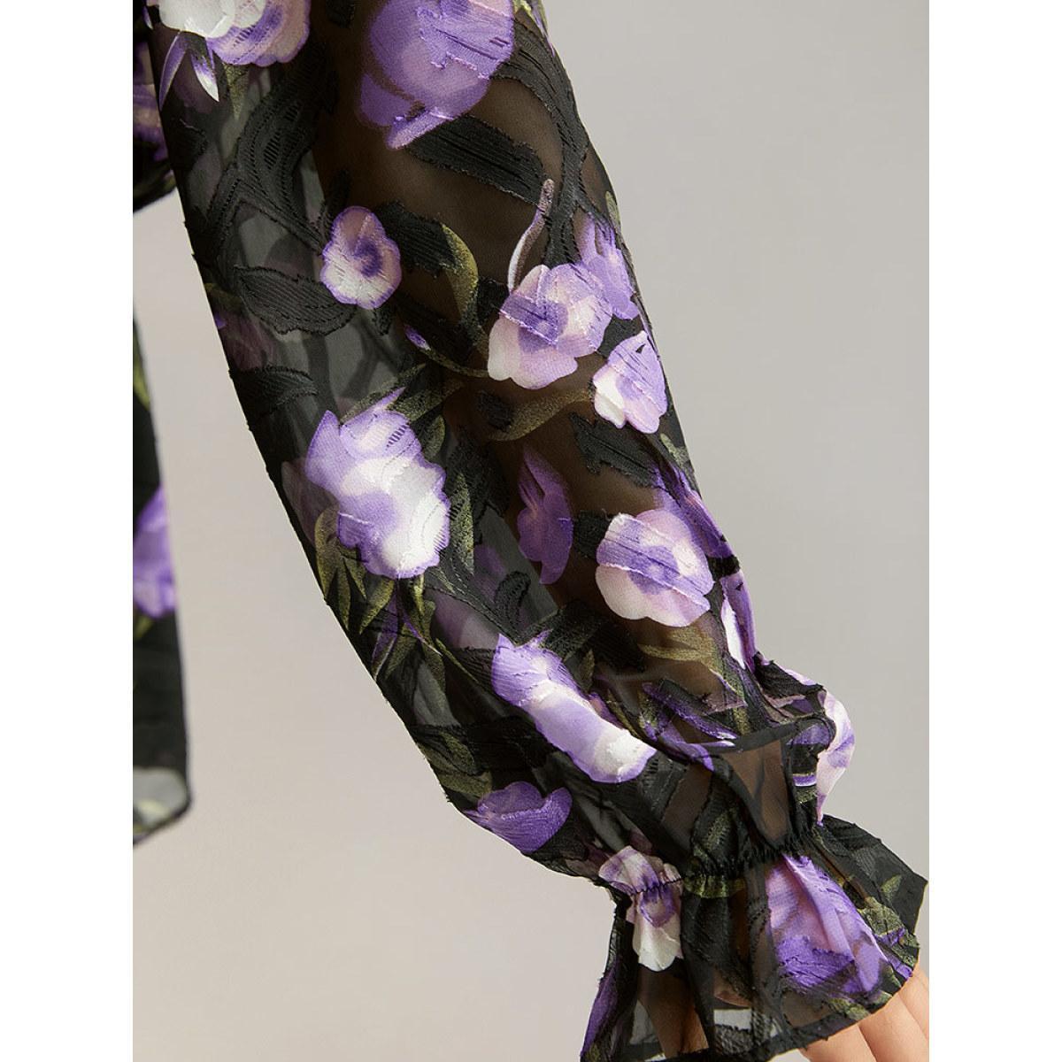 Plus Size Black Chiffon Floral Mesh Wrap Ruffle Hem Blouse Women Glamour Long Sleeve V-neck Going out Blouses BloomChic 10/M Product Image