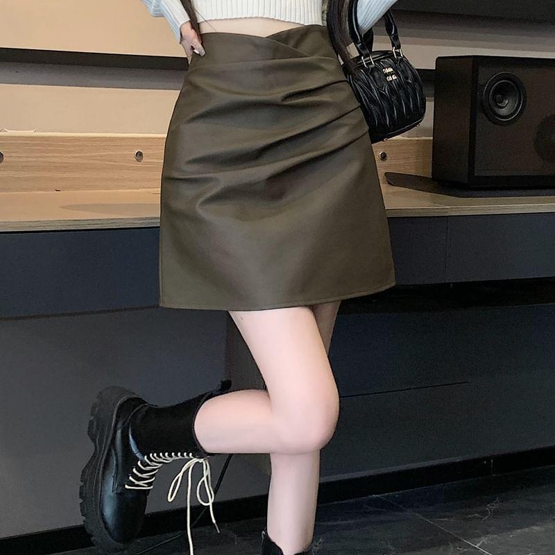 High Rise Plain Ruched Faux Leather Mini A-Line Skirt Product Image