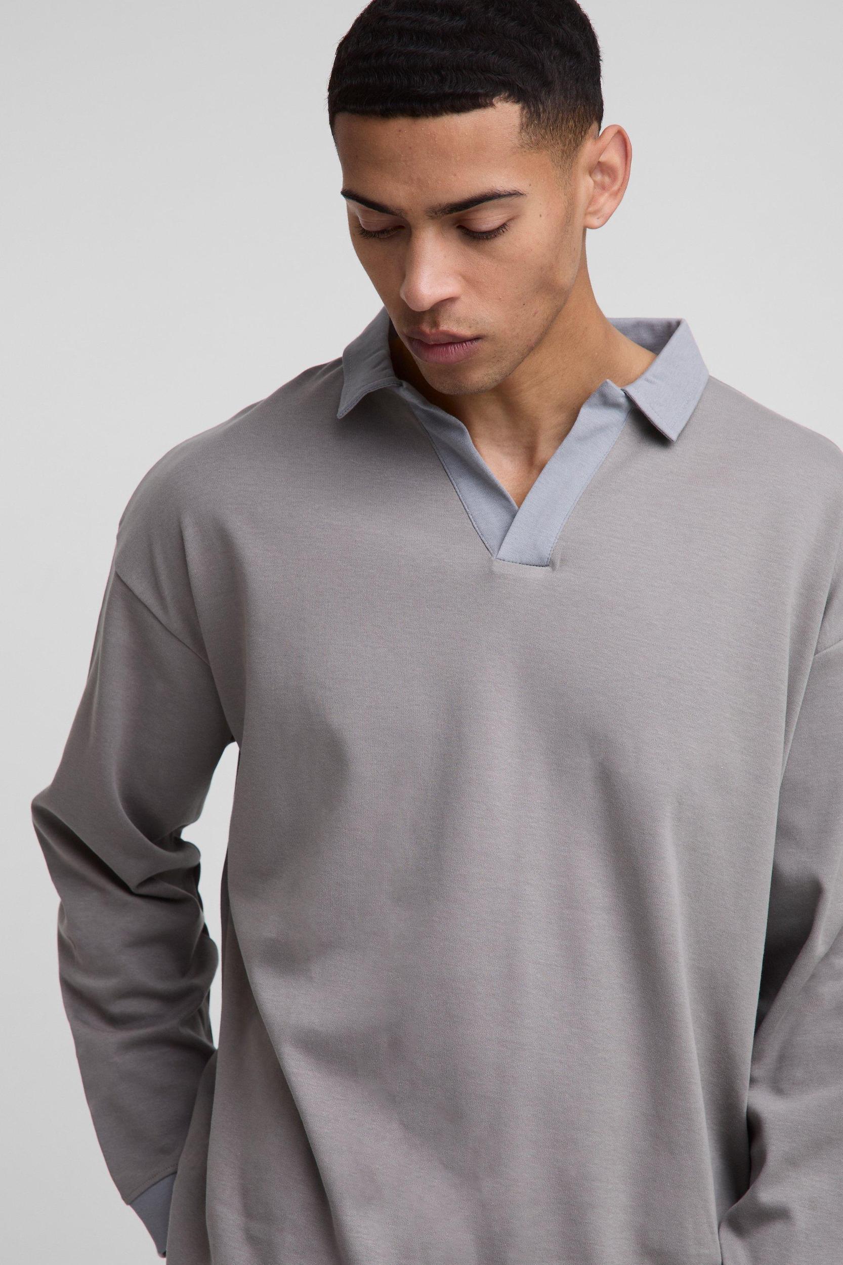 Regular Fit Contrast Interlock Revere Rugby Polo | boohooMAN USA Product Image