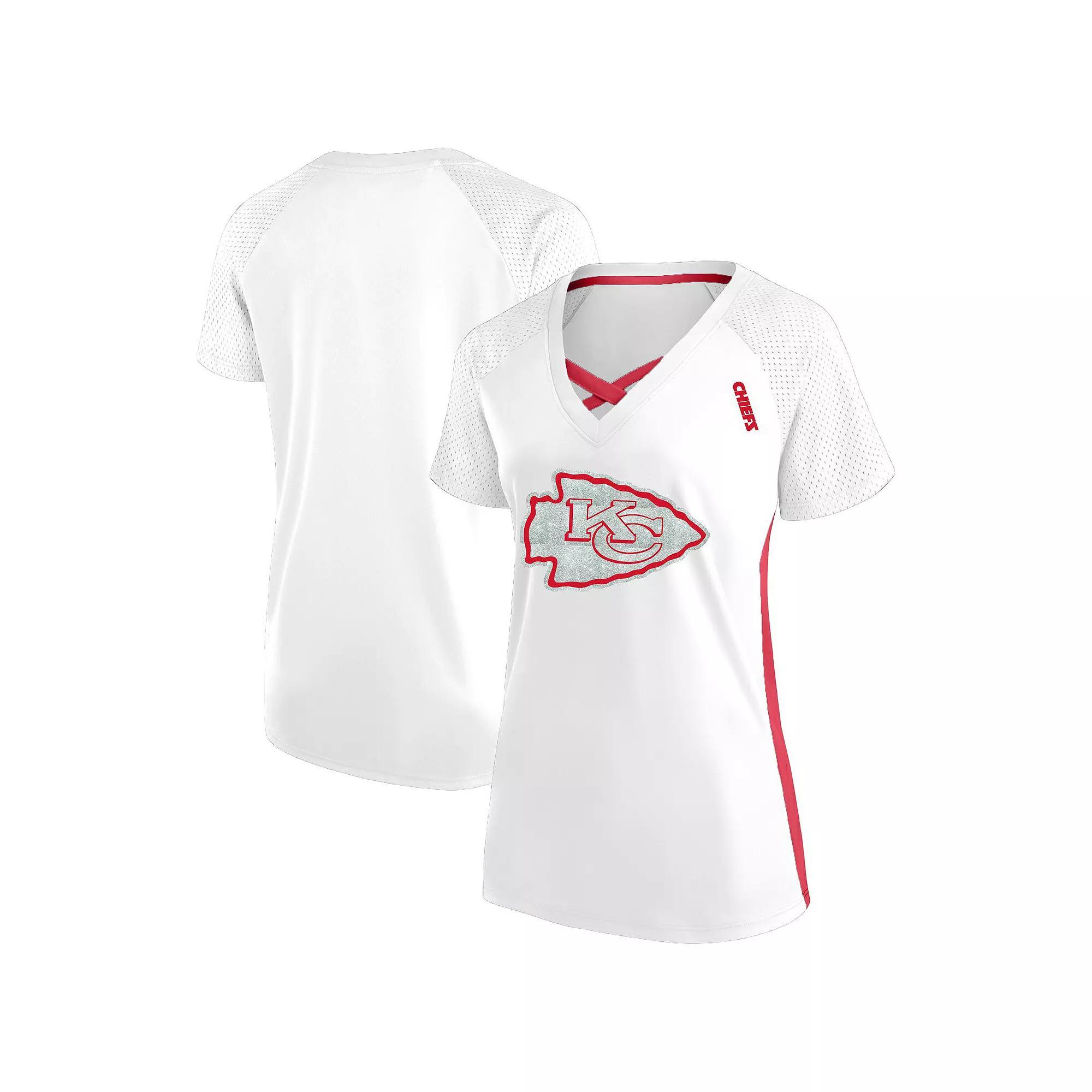 Women's Fanatics  White Kansas City Chiefs Plus Size Glitter Lace-Up V- Neck T-Shirt, Size: 4XL Product Image