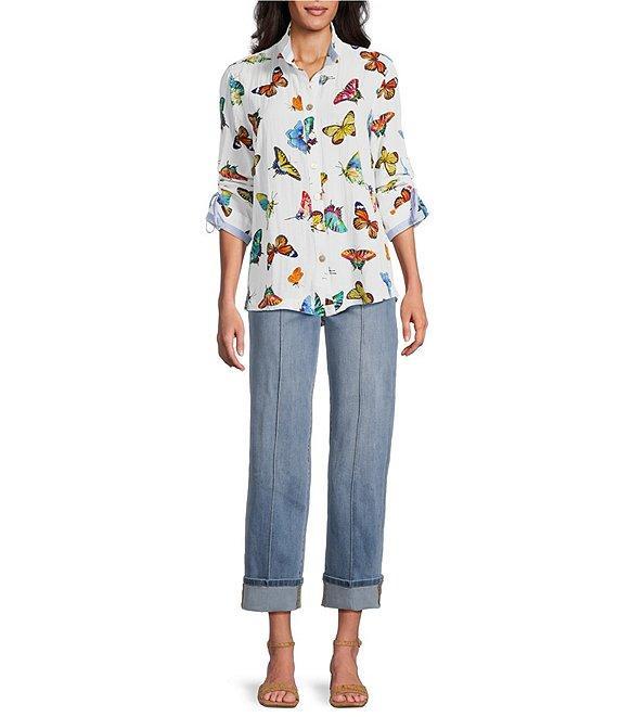 John Mark Butterfly Print Wire Collar 3/4 Sleeve Button Front Tunic Product Image