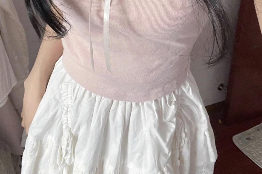 Short Sleeve Ruffled-Trim Ribbon Bow Accent Slim-Fit Crop Top Product Image