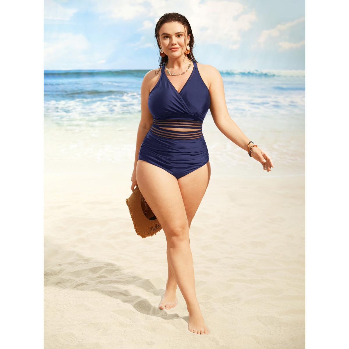Plus Size Overlap Collar Woven Ribbon Back Crisscross Swim Top Women's Swimwear Indigo Beach Woven ribbon&lace trim High stretch Skinny Overlap Collar Curve Swim Tops BloomChic 14-16/1X Product Image