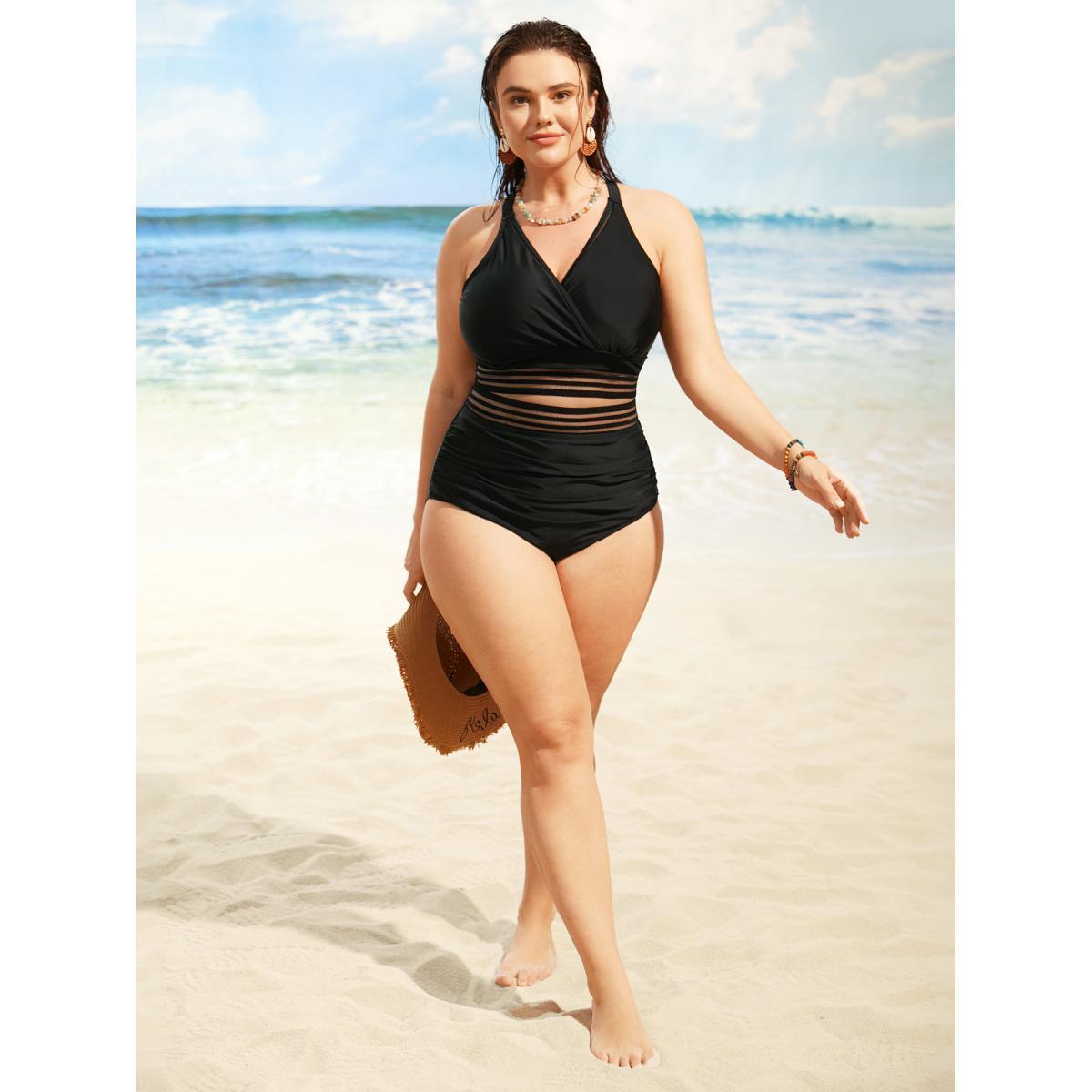 Plus Size Overlap Collar Woven Ribbon Back Crisscross Swim Top Women's Swimwear Black Beach Woven ribbon&lace trim High stretch Skinny Overlap Collar Curve Swim Tops BloomChic 18-20/2X Product Image