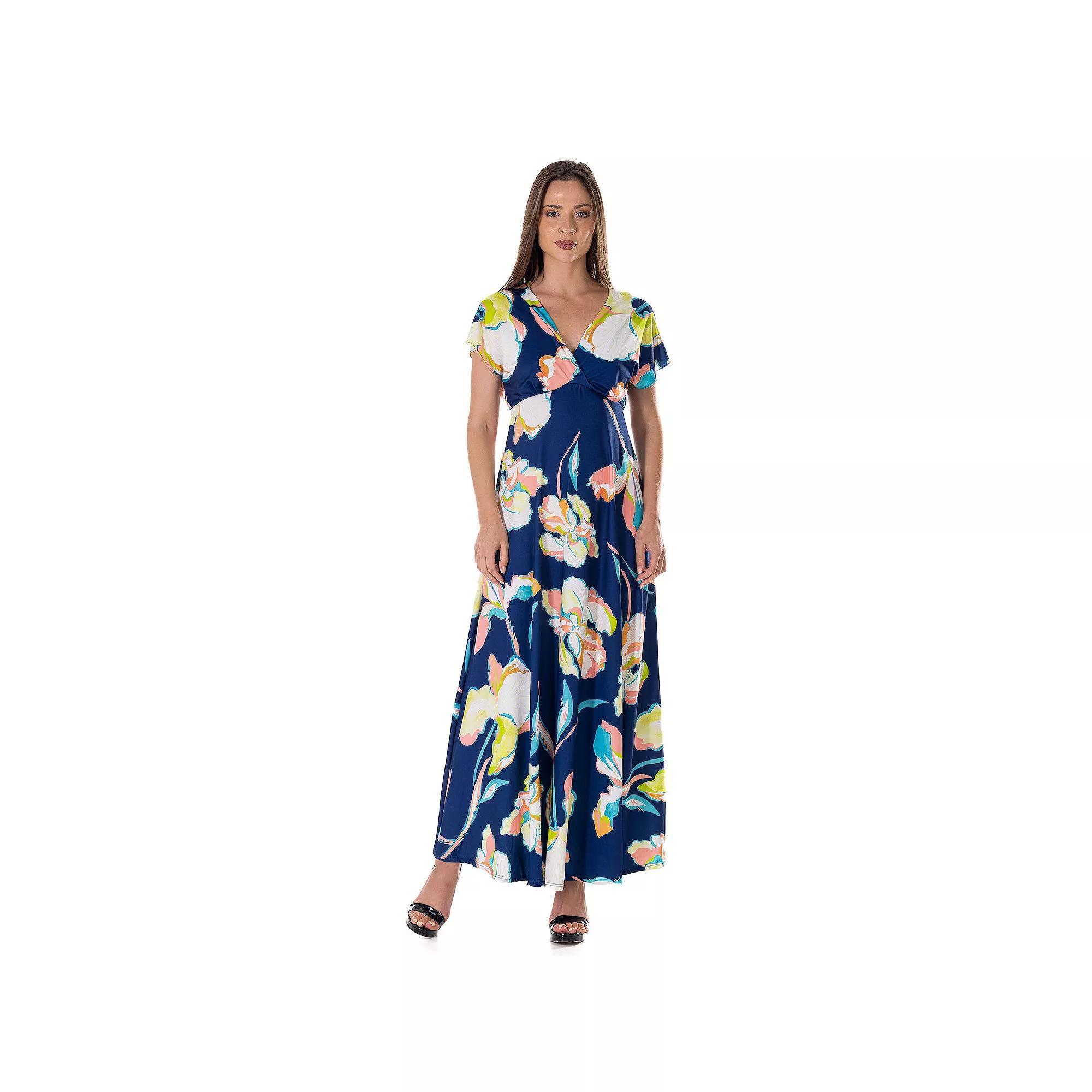 Women's 24Seven Comfort Apparel V Neck Empire Waist Kimono Cap Sleeve Maxi Dress, Size: Medium, Blue Team Product Image