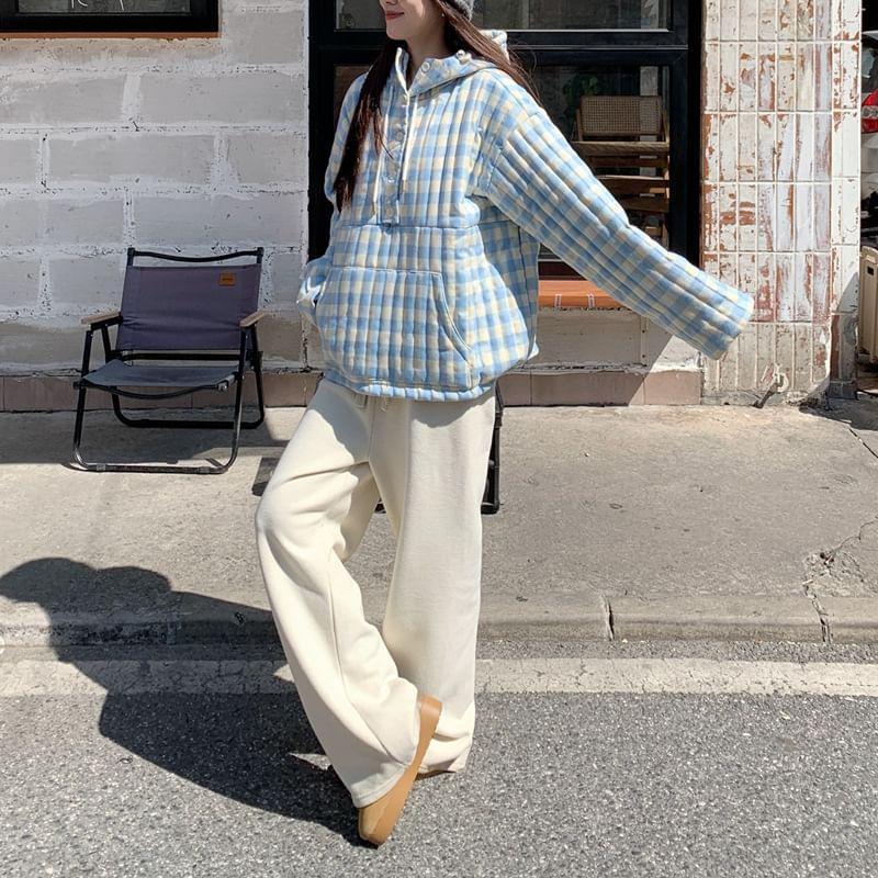 Gingham Drawstring Half-Buttoned Hoodie Product Image
