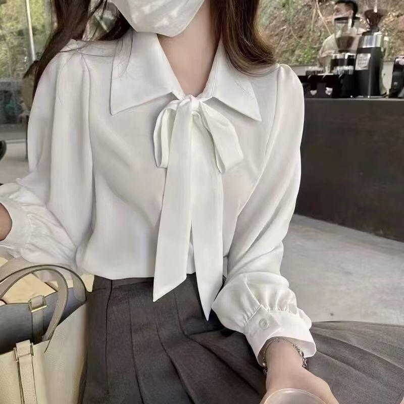 Long-Sleeve Tie-Neck Plain Shirt Product Image