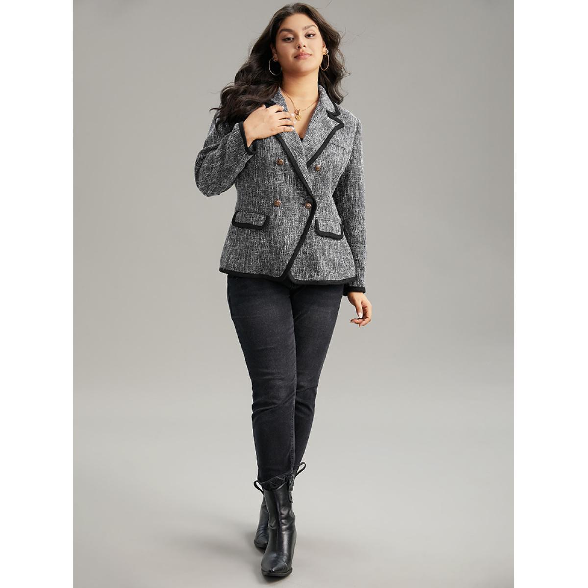 Plus Size Tweed Suit Collar Contrast Trim Blazer DimGray Women Dailywear Plain Contrast Sleeve Long Sleeve Suit Collar 10/M Pocket Casual Blazers BloomChic Product Image