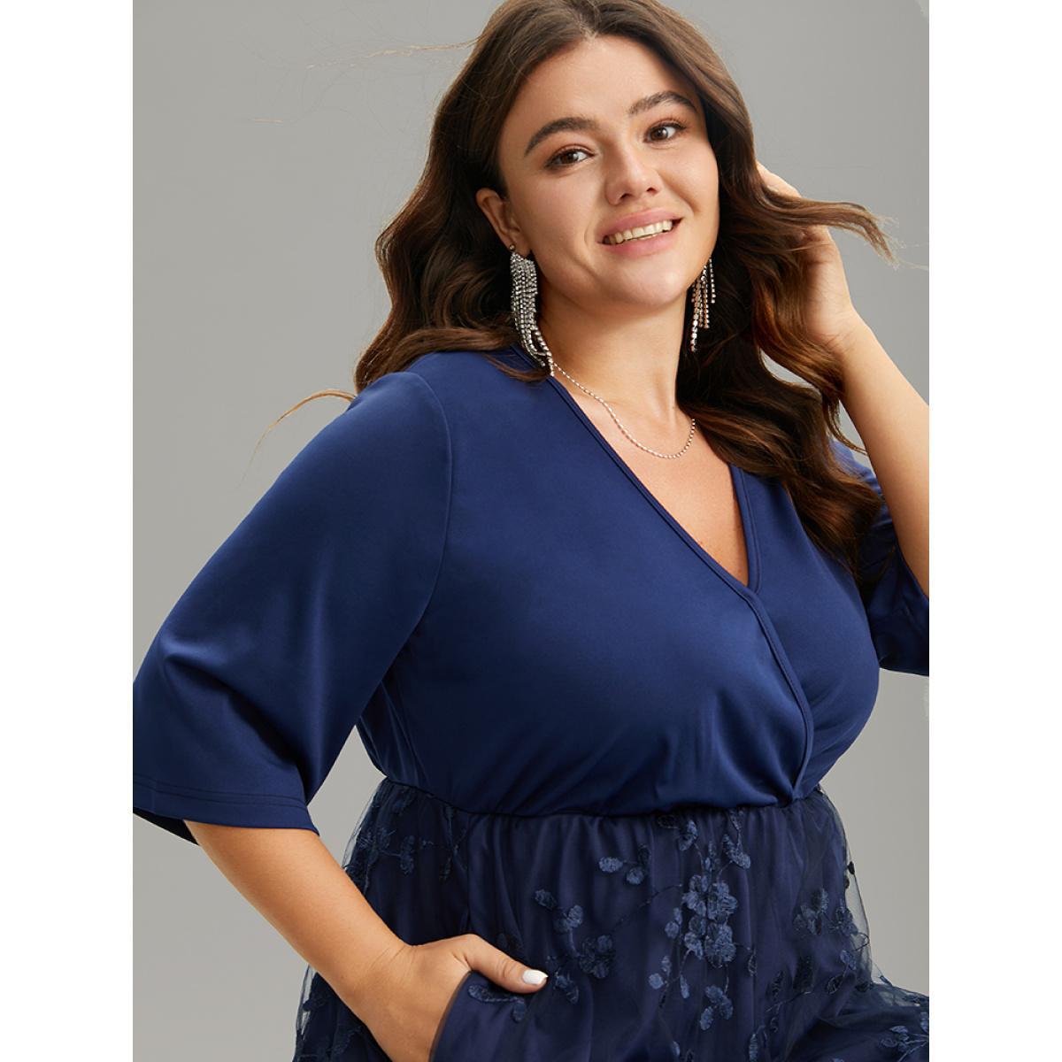 Plus Size Crochet Lace Mesh Overlap Collar Elastic Waist Dress DarkBlue Women Glamour Wrap Overlap Collar Half Sleeve Curvy Midi Dress BloomChic 22-24/3X Product Image