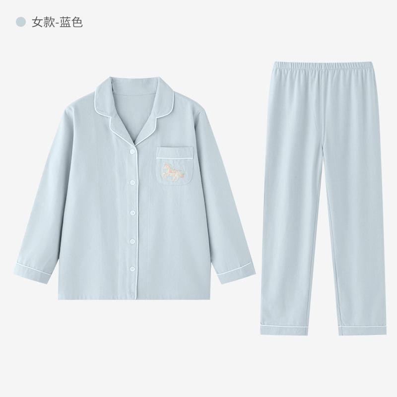 Couple Matching Pajama Set: Long-Sleeve Button-Up Top + Pants (Various Designs) Product Image