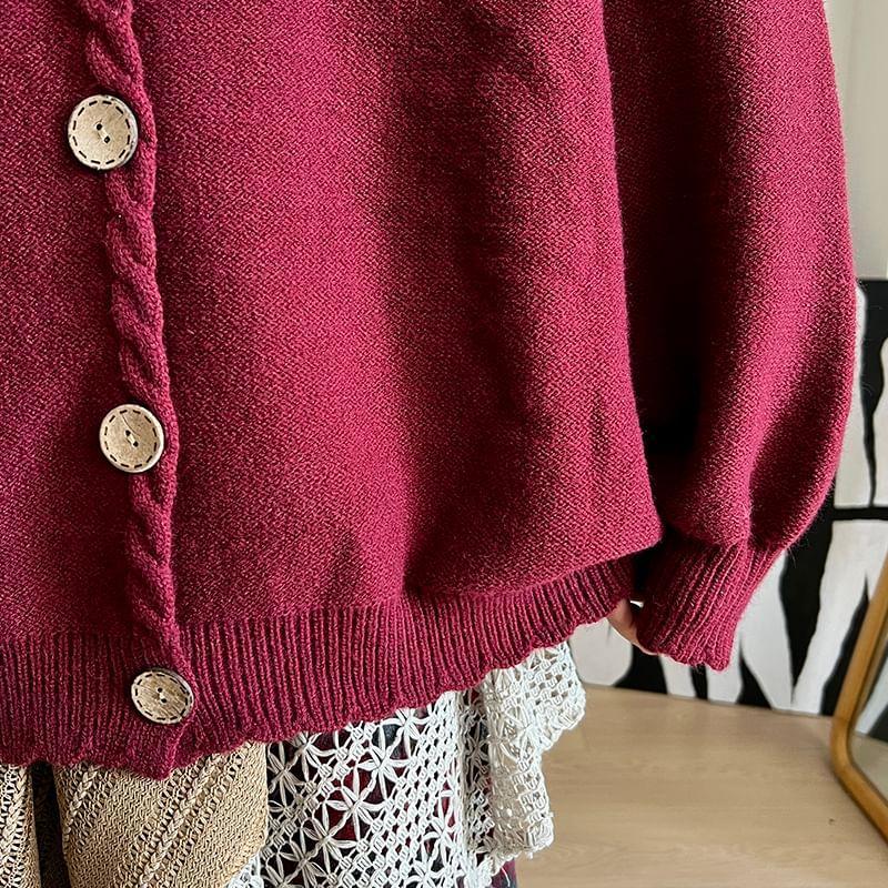 Crew Neck Cartoon Accent Button-Up Cardigan / Plaid Asymmetrical Lace Panel Layered Maxi A-Line Skirt Product Image