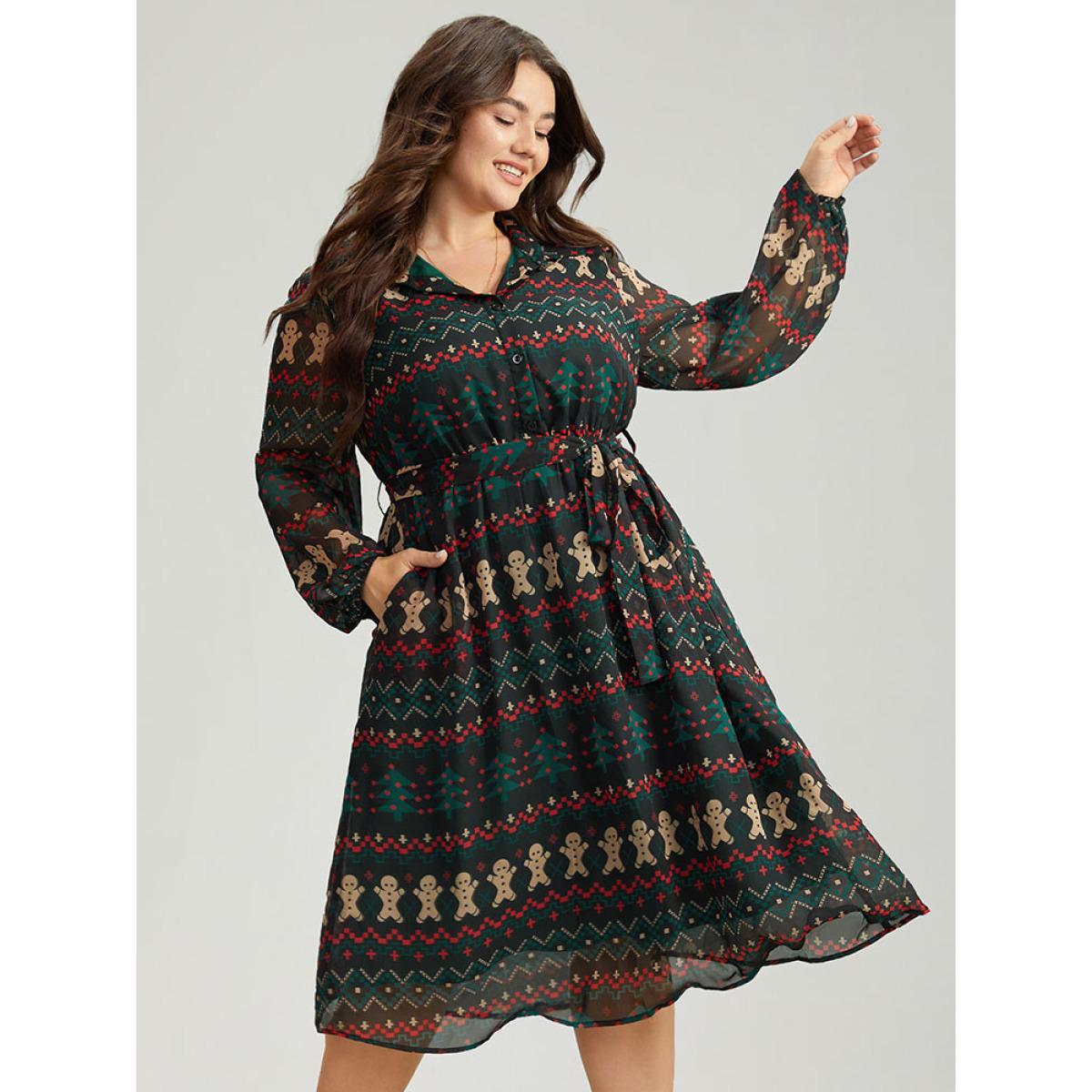 Plus Size Christmas Button Through Belted Mesh Patchwork Dress Cyan Women Office Elastic cuffs Shirt collar Long Sleeve Curvy Midi Dress BloomChic 10/M Product Image