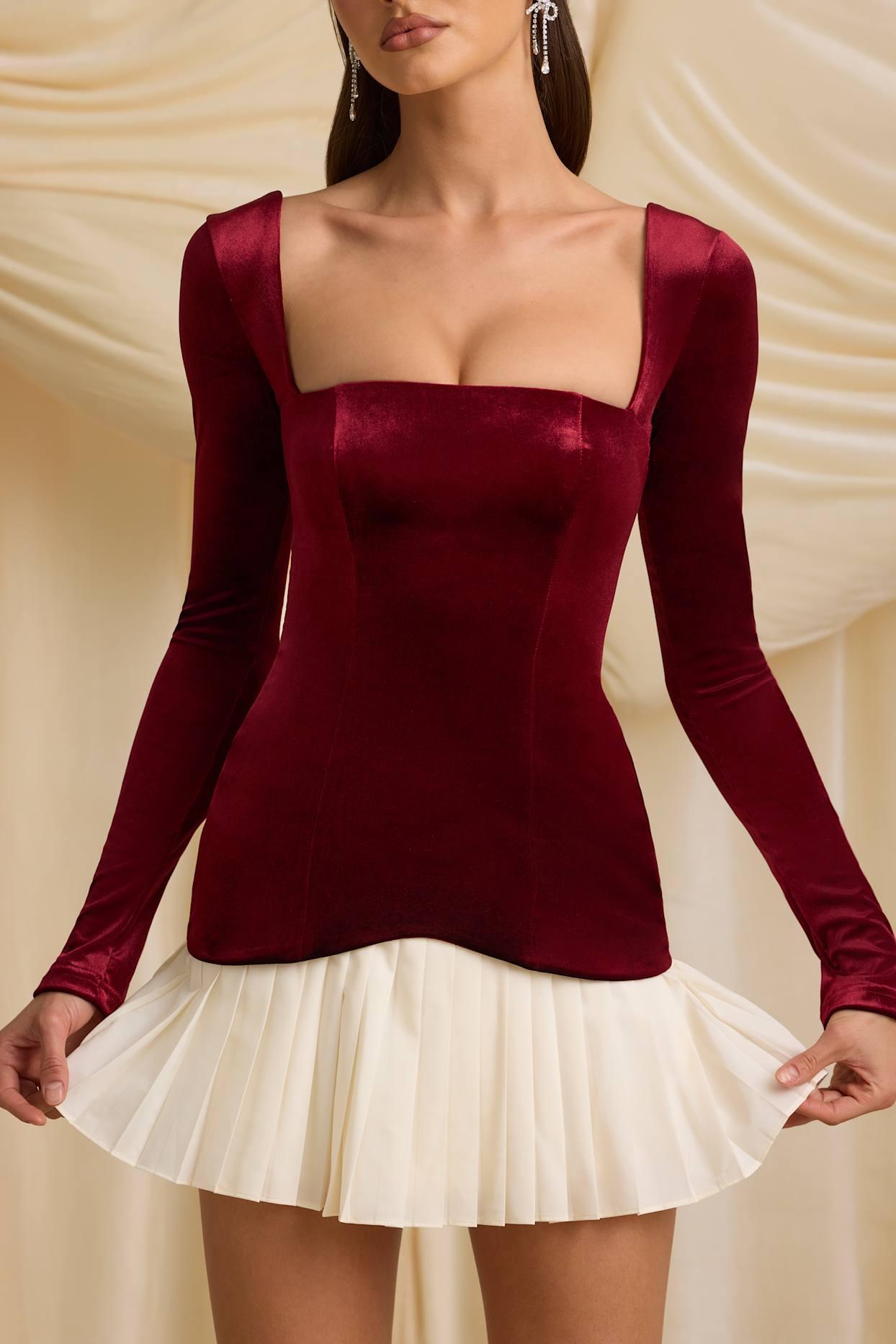 Layered Pleated Corset Mini Dress in Wine Red Product Image