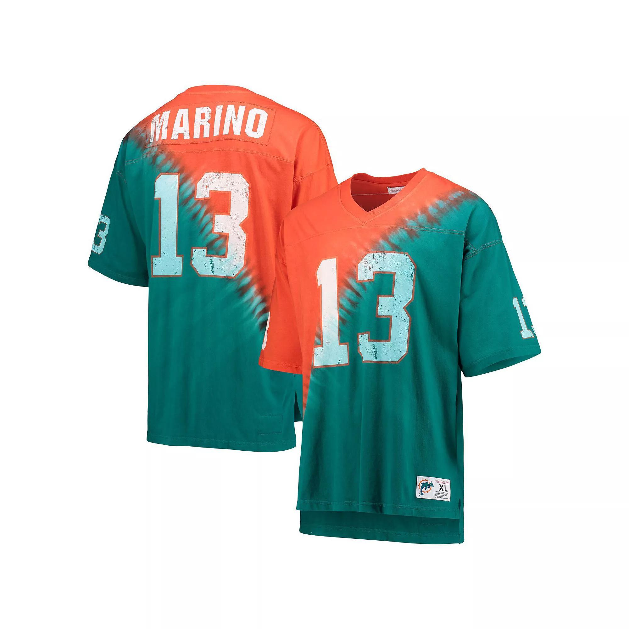Men's Mitchell & Ness Dan Marino Orange/Aqua Miami Dolphins Retired Player Name & Number Diagonal Tie-Dye V-Neck T-Shirt, Size: Large Product Image