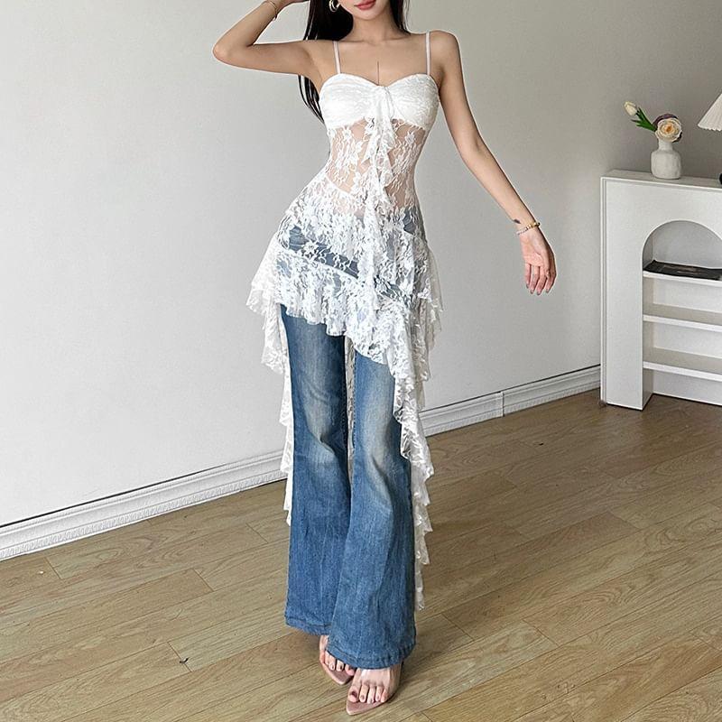 Spaghetti Strap Lace Panel Ruffled Asymmetric-Hem Mini Dress Product Image