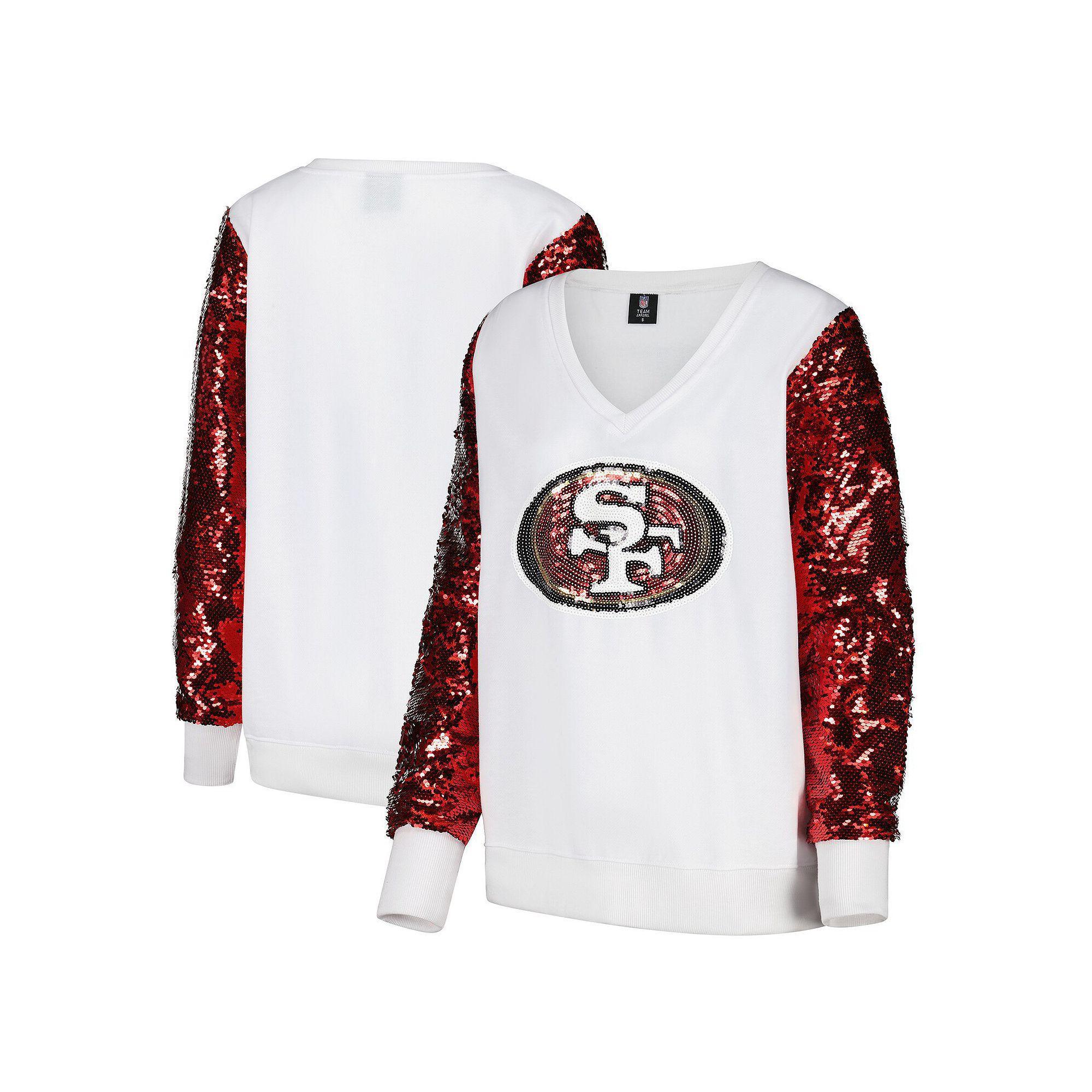 Women's Cuce White San Francisco 49ers Sequin Sleeve V-Neck Pullover Sweatshirt, Size: Medium Product Image