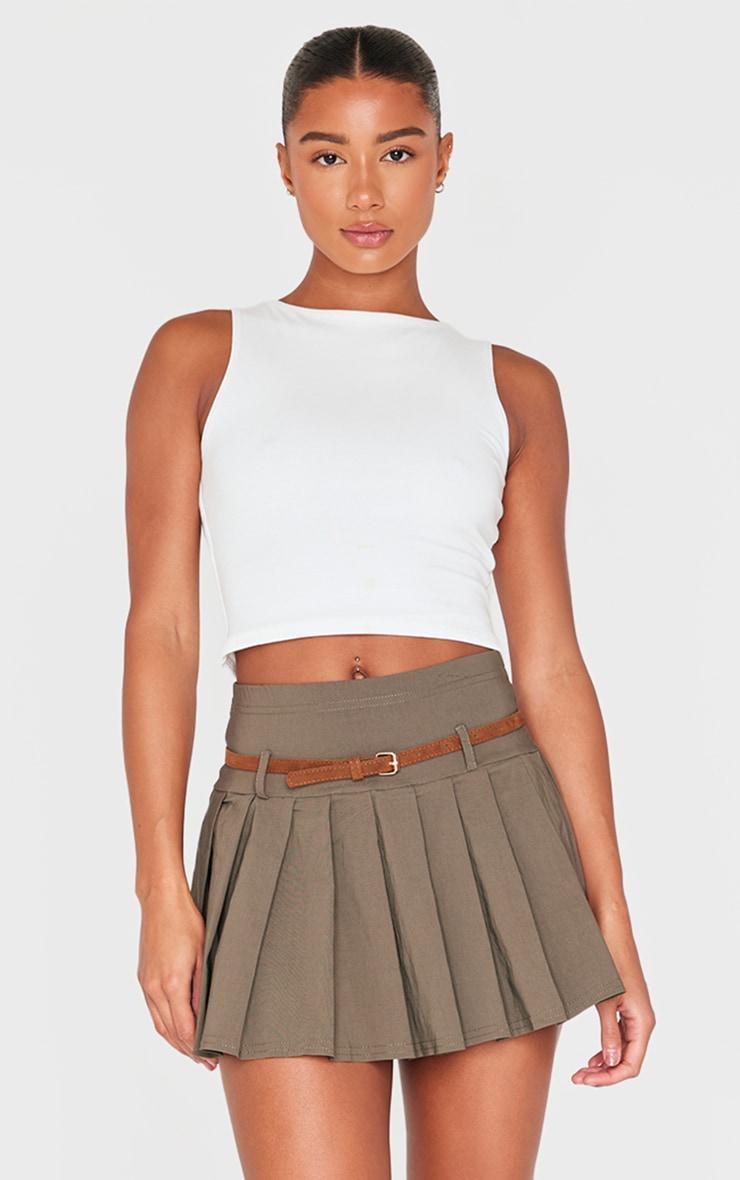  Khaki Stretch Woven Belt Detail Pleated Mini Skirt Product Image