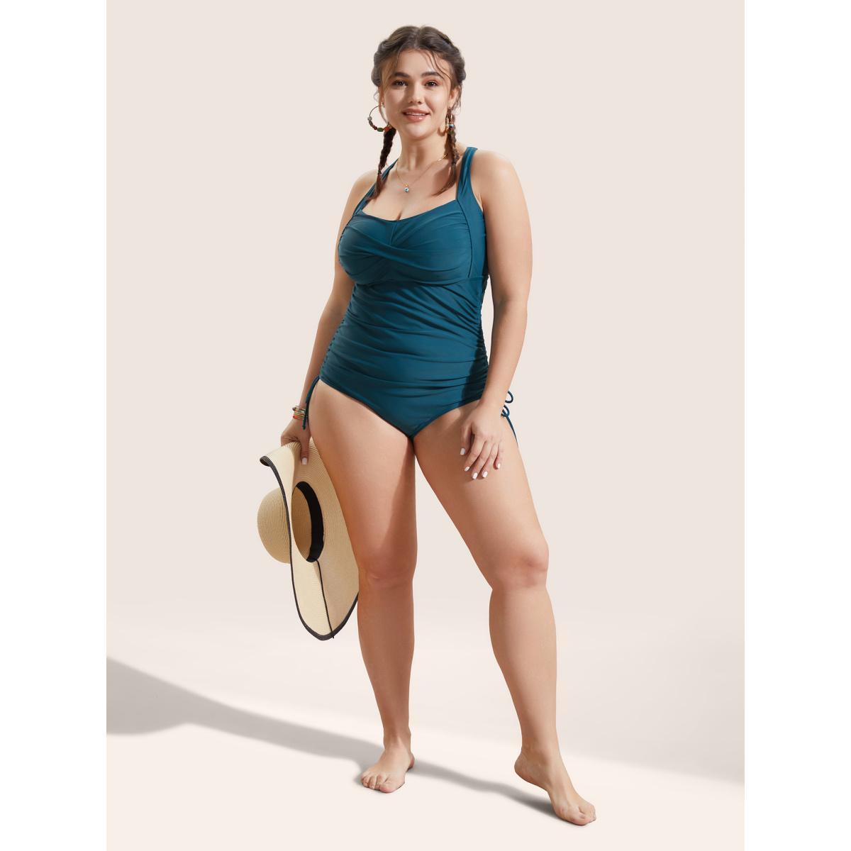 Plus Size Plain Ruched Crossover Drawstring One Piece Swimsuit Women's Swimwear Cyan Beach Twist Curve Bathing Suits High stretch One Pieces BloomChic 28/5X Product Image