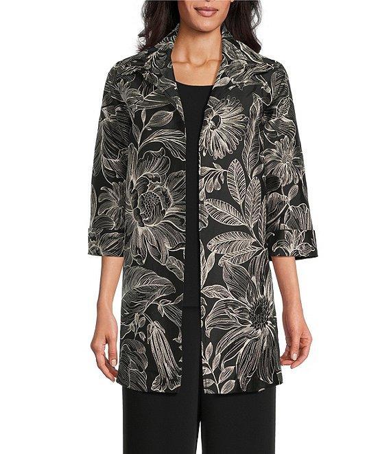 Caroline Rose Exotic Floral Embroidered Jacquard Spread Collar 3/4 Sleeve Statement Jacket Product Image