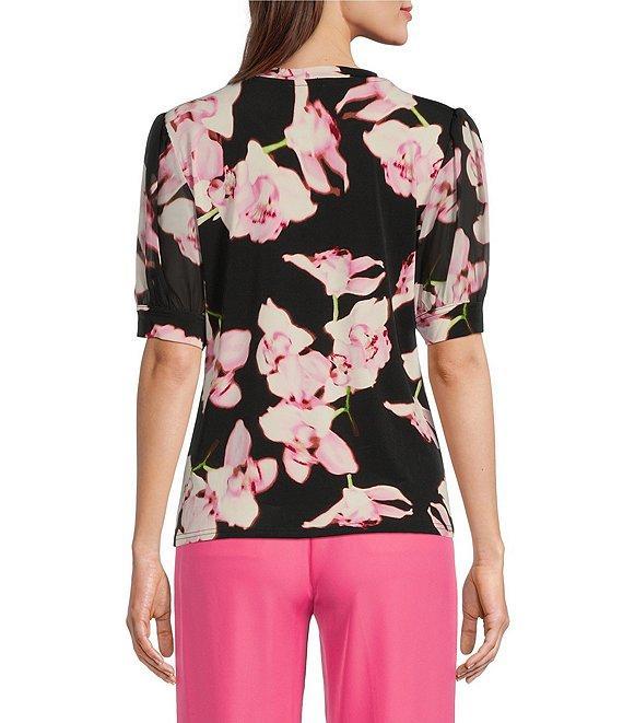 Calvin Klein Floral Mixed Media Short Puff Sleeve Top Product Image