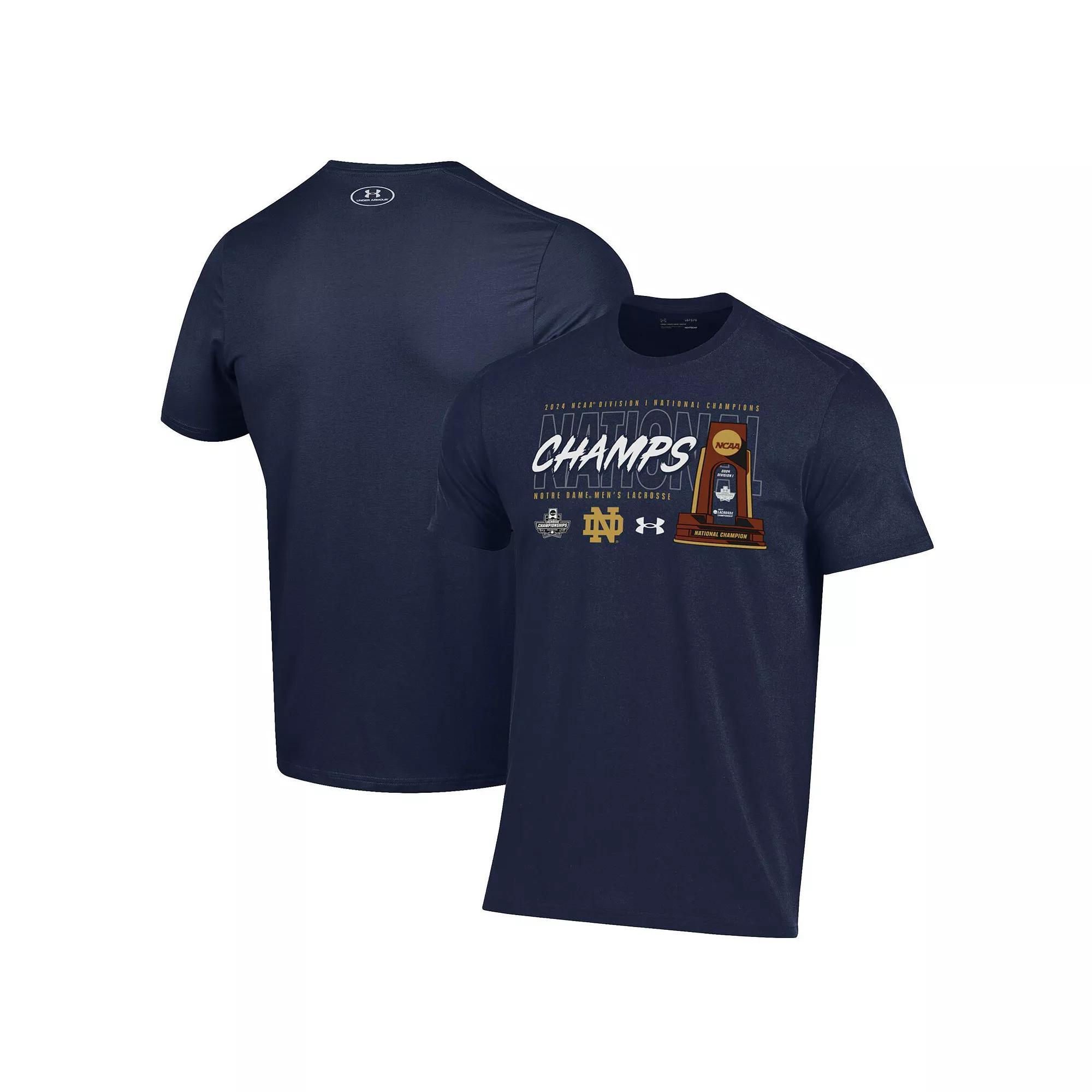 Men's Under Armour Navy Notre Dame Fighting Irish 2024 NCAA Men's Lacrosse National Champions Trophy T-Shirt, Size: Small, Blue Product Image