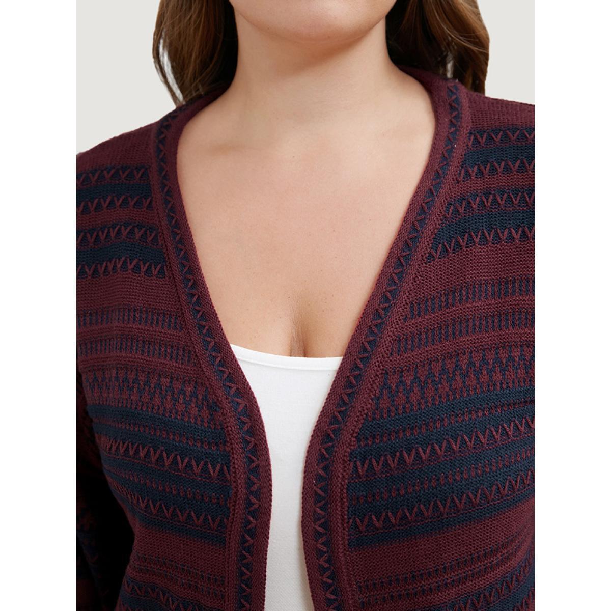 Plus Size Striped Contrast Pointelle Knit Open Front Loose Cardigan Scarlet Women Casual Loose Long Sleeve Work Cardigans BloomChic 26/4X Product Image
