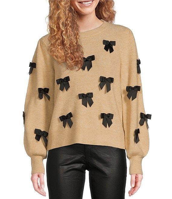 Lilly Pulitzer Zarie Fluffy Ribbed Knit Crew Neck Long Blouson Sleeve Bow Trim Sweater Product Image