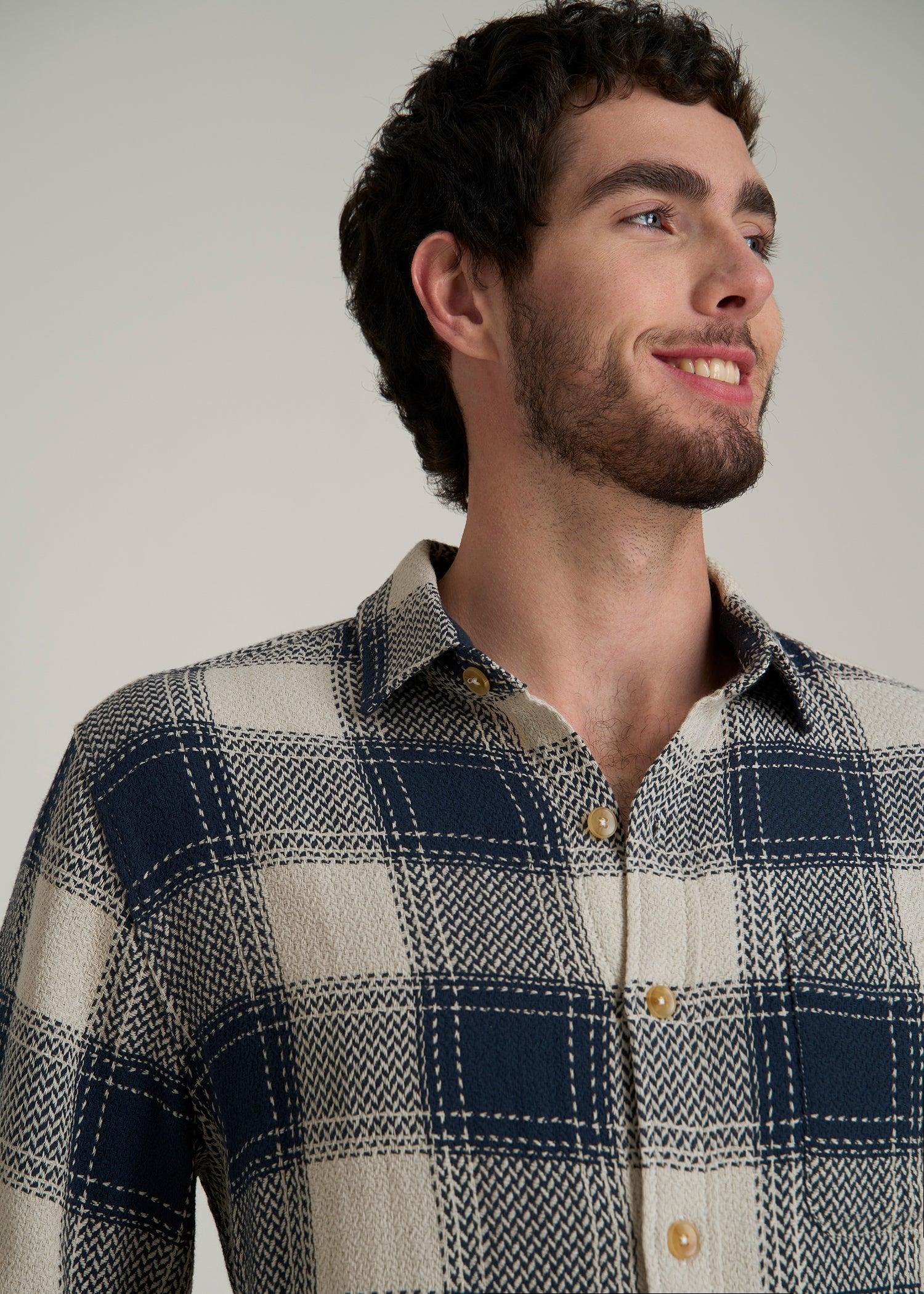Lightweight Woven Overshirt for Tall Men in Navy and Beige Plaid Product Image