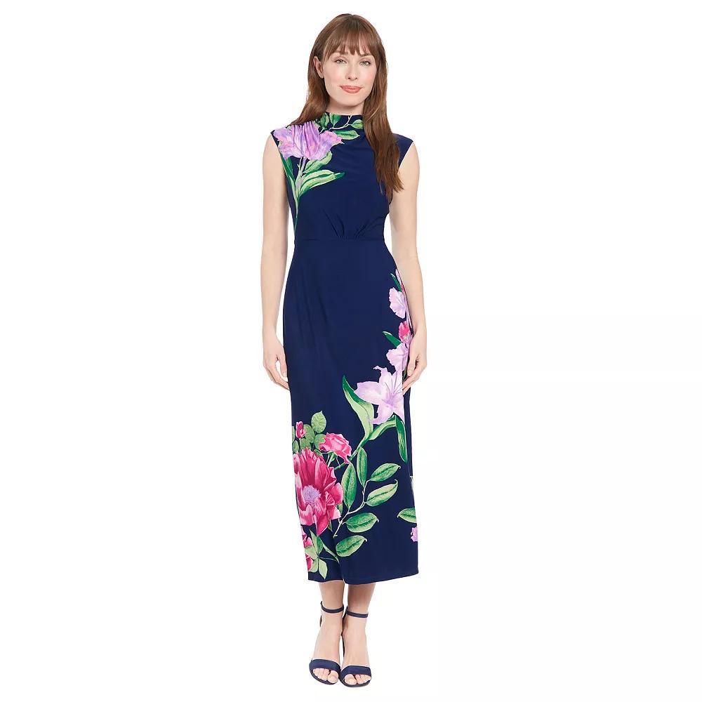 Women's London Times Mockneck Ruched Maxi Dress, Size: 2, Navy Purple Floral Product Image