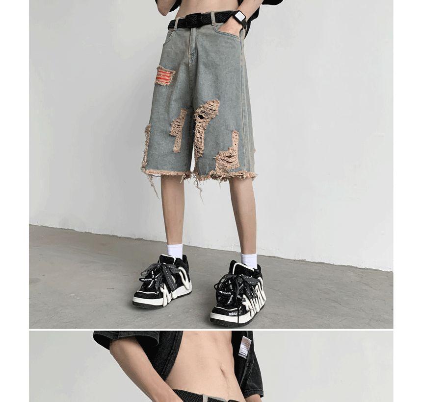 High Waist Distressed Denim Shorts Product Image