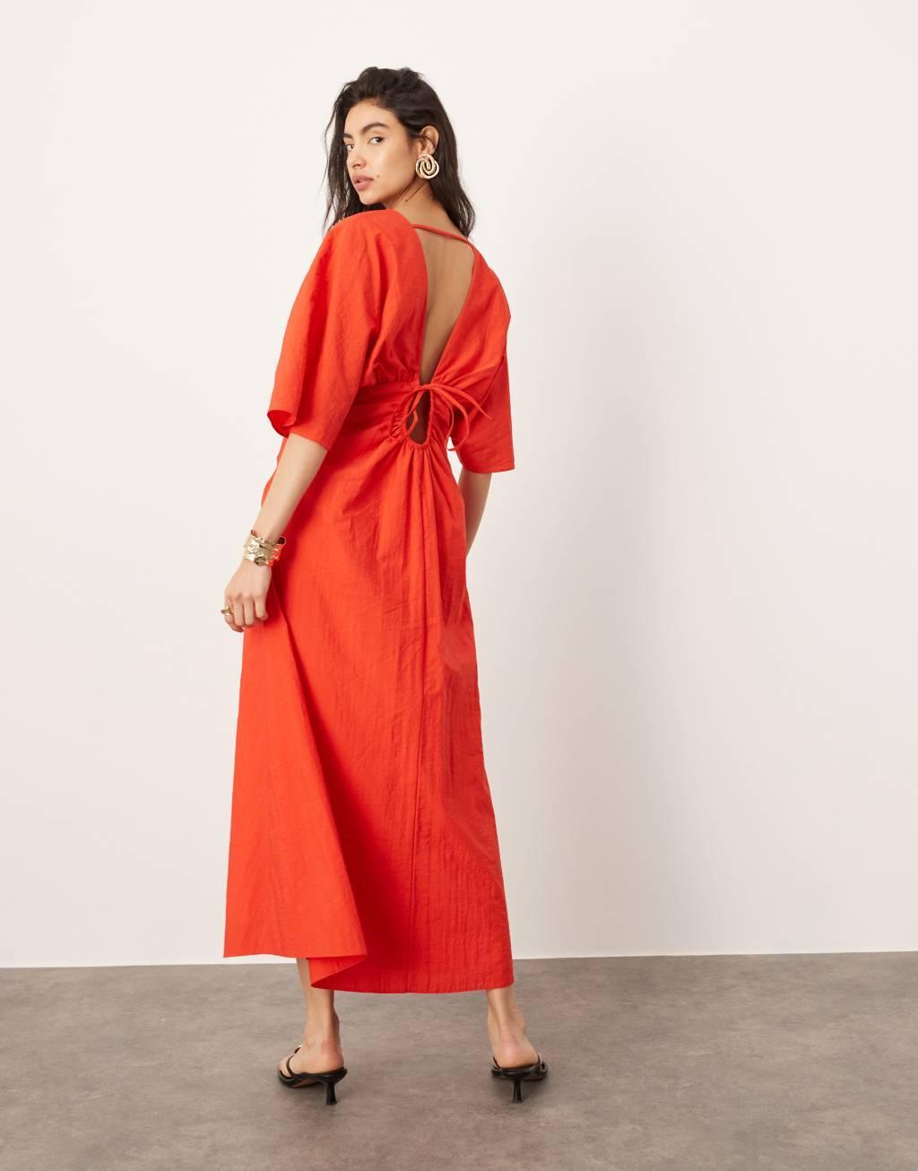 ASOS EDITION textured wide sleeve midi dress with ruched waist in red Product Image