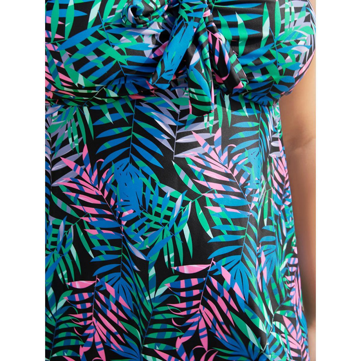Plus Size Plant Print Knotted Front Ruffles Swim Dress Women's Swimwear Green Vacation Bodycon V-neck High stretch Curve Swim Dresses BloomChic 28/5X Product Image